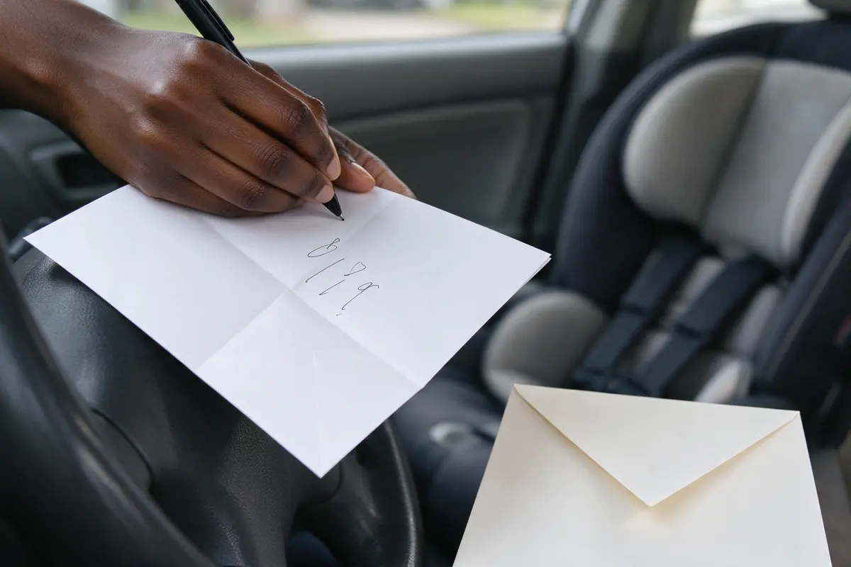 Close on the mother's hand writing three lines on the back of the clinic printout against the steering wheel, the vaccine record card beside it, the rear-facing car seat soft in the background.