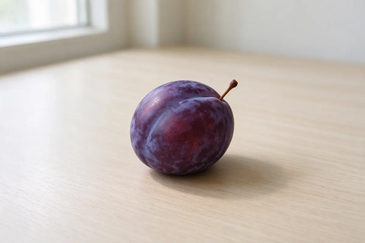 A single dark plum on a plain pale wooden table, soft window light.