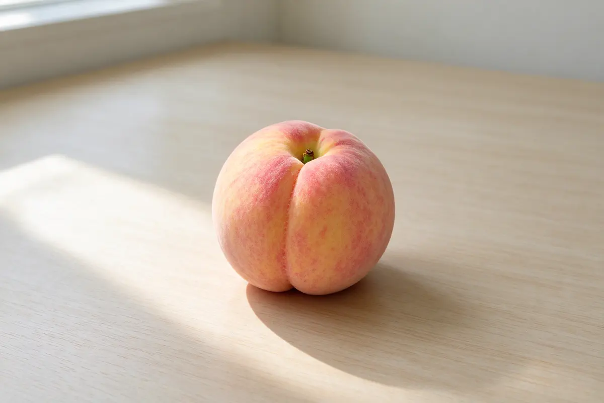 One ripe peach on a plain pale wooden table, soft window light.