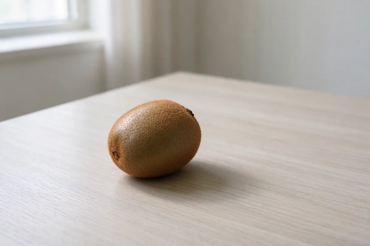 A whole brown kiwi fruit on a plain white ceramic plate, soft daylight.