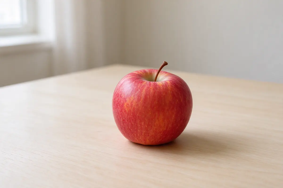 A single red apple on a plain pale wooden table, soft window light.