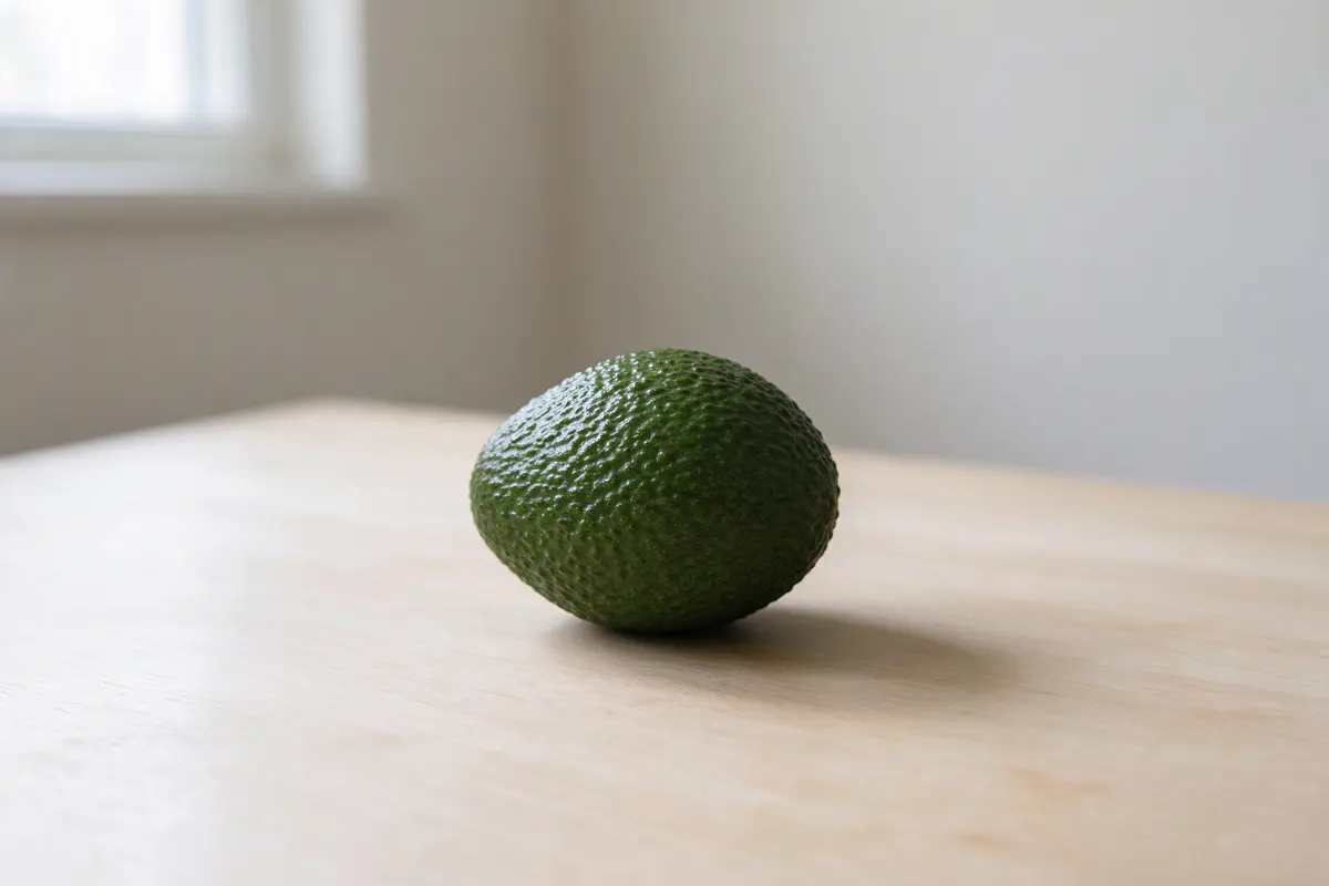One whole dark-green avocado on a plain white linen cloth, soft daylight.