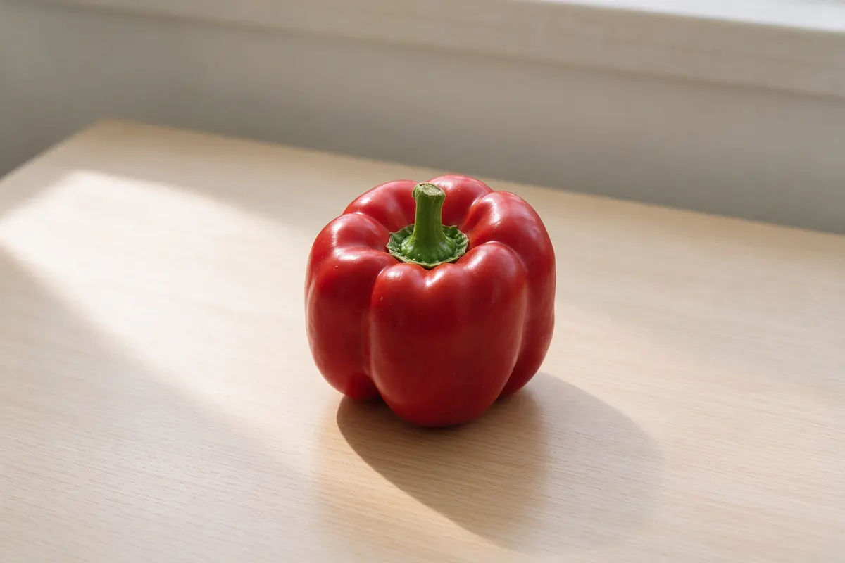 A single red bell pepper on a plain white ceramic plate, soft daylight.