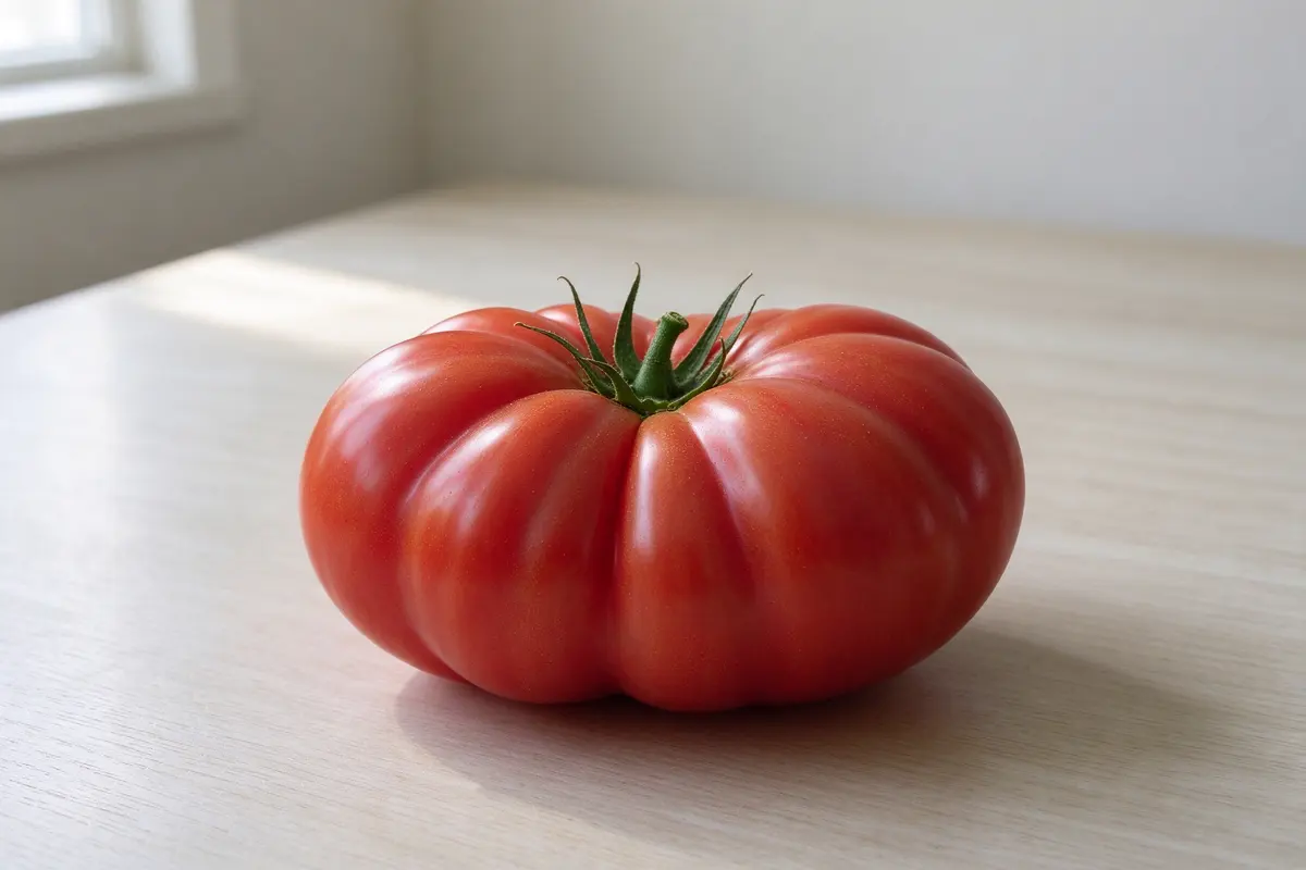 One large ripe beef tomato on a plain pale wooden table, soft window light.
