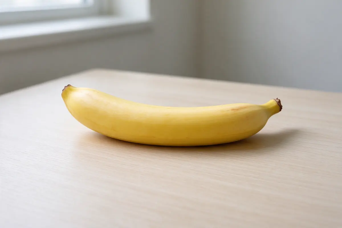 A single yellow banana on a plain white linen cloth, soft daylight.