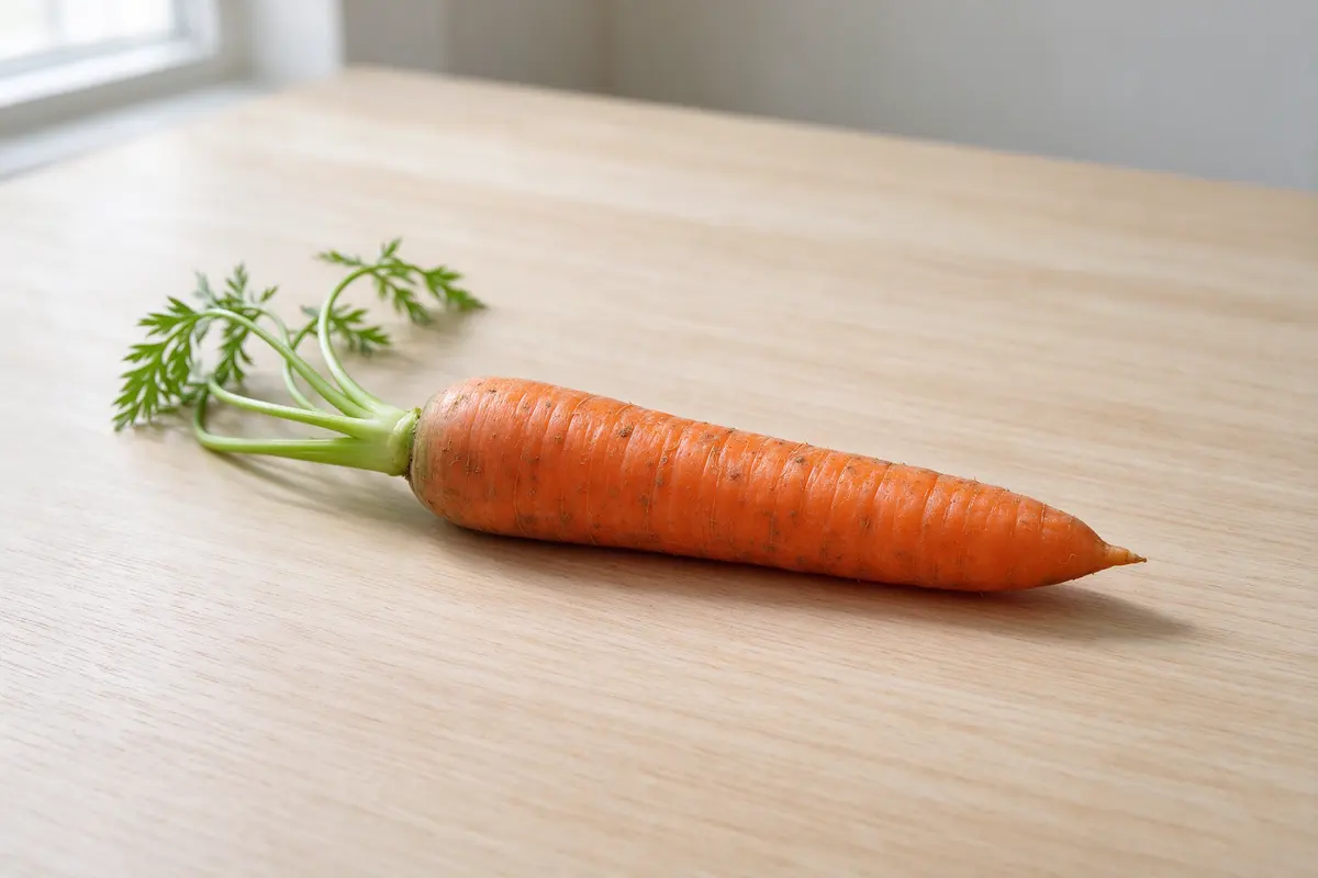 One whole orange carrot with the leaves trimmed, on a plain pale wooden board, soft window light.