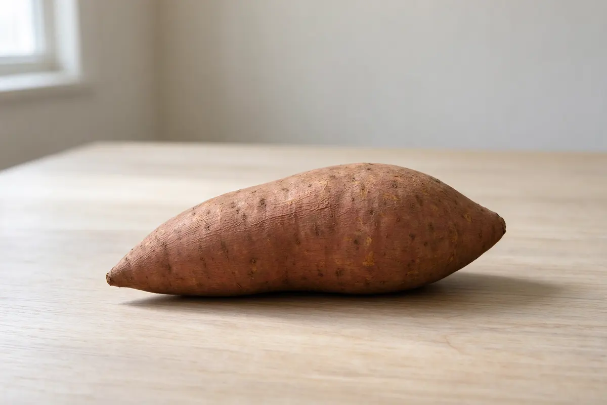 A single sweet potato on a plain white ceramic plate, soft daylight.