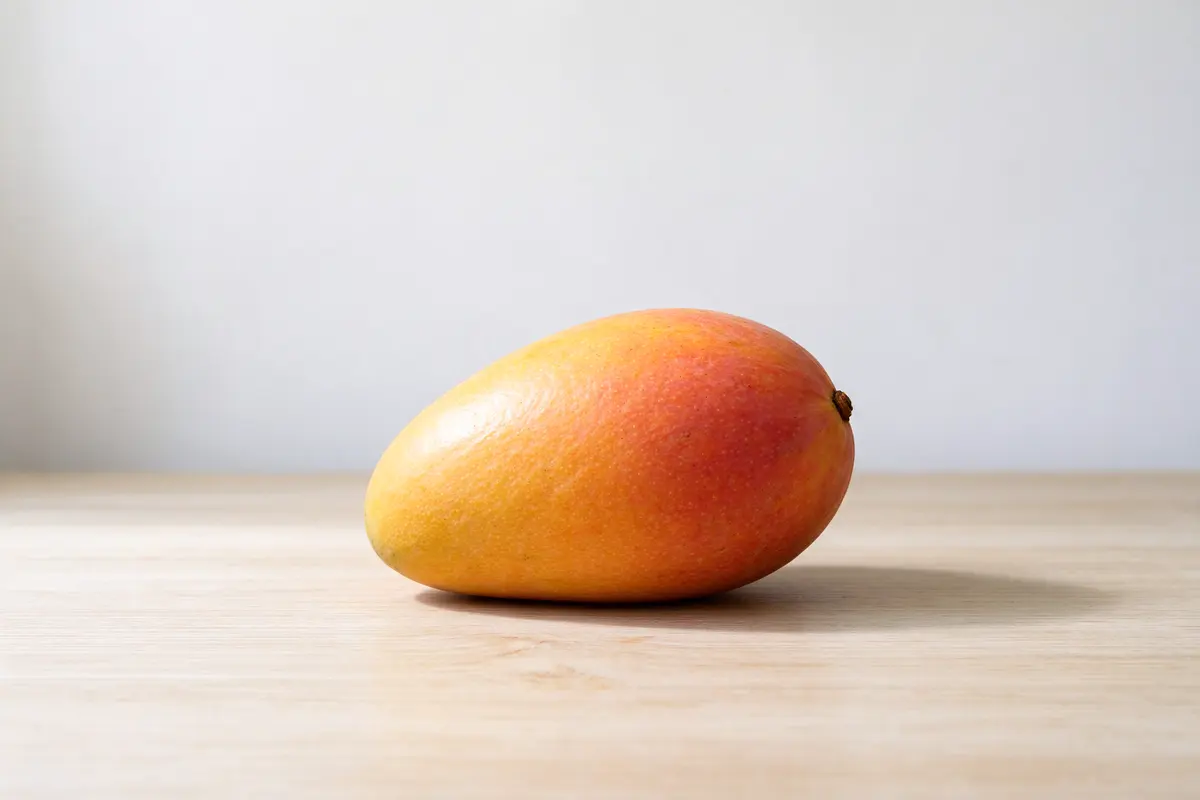 One large ripe mango on a plain pale wooden table, soft window light.