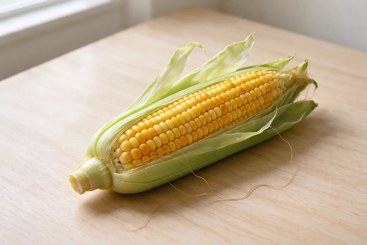 A single husked corn on the cob on a plain white linen cloth, soft daylight.
