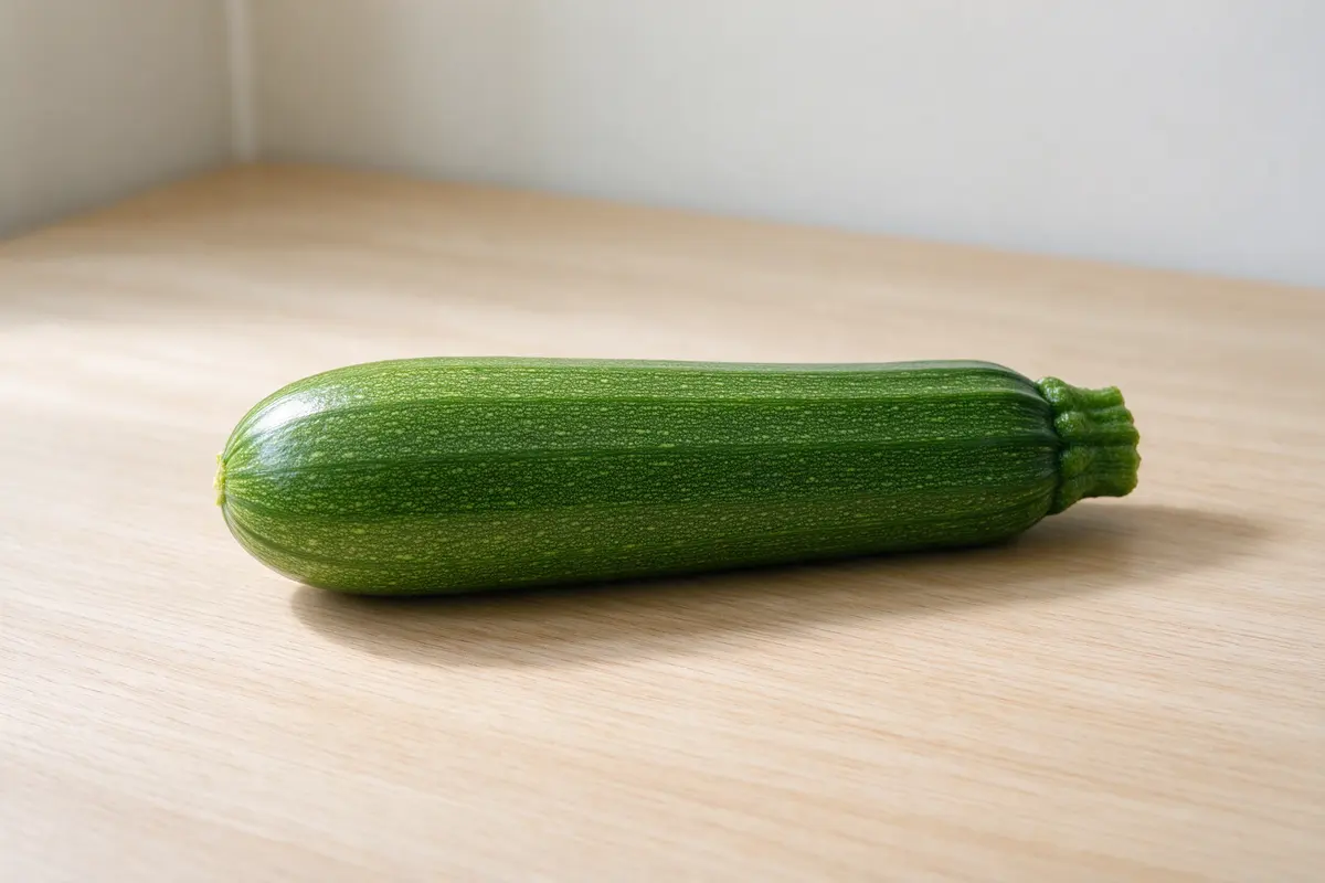 One green zucchini on a plain pale wooden board, soft window light.