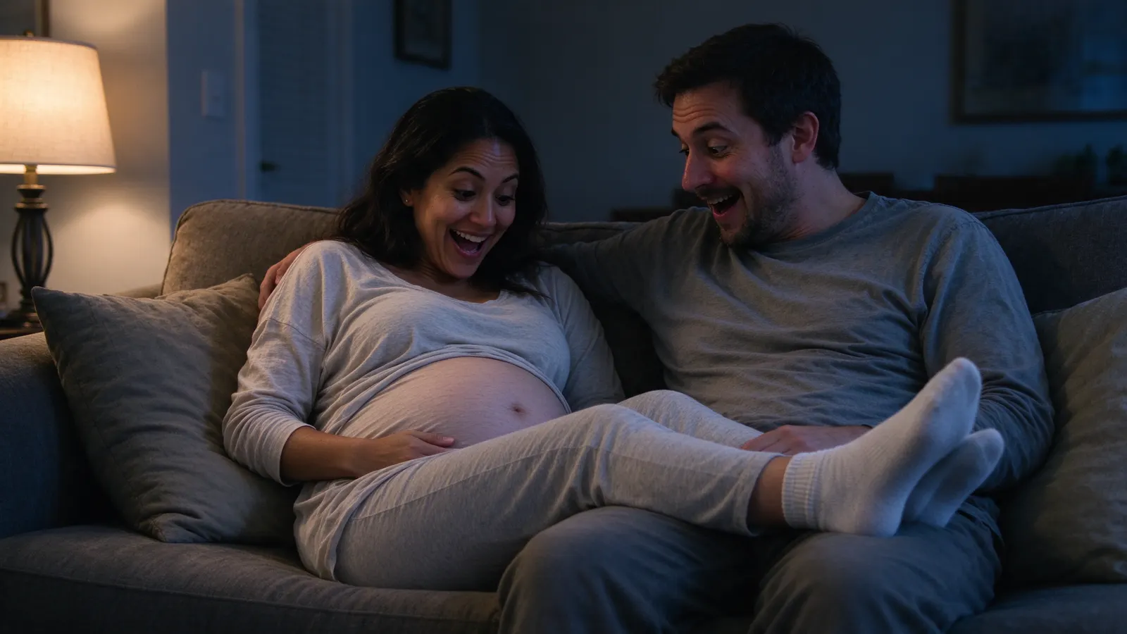 A Black couple at a dining table in evening light, she in a loose sweater over a 25-week bump writing a list, he reading over her shoulder with a pen in hand.