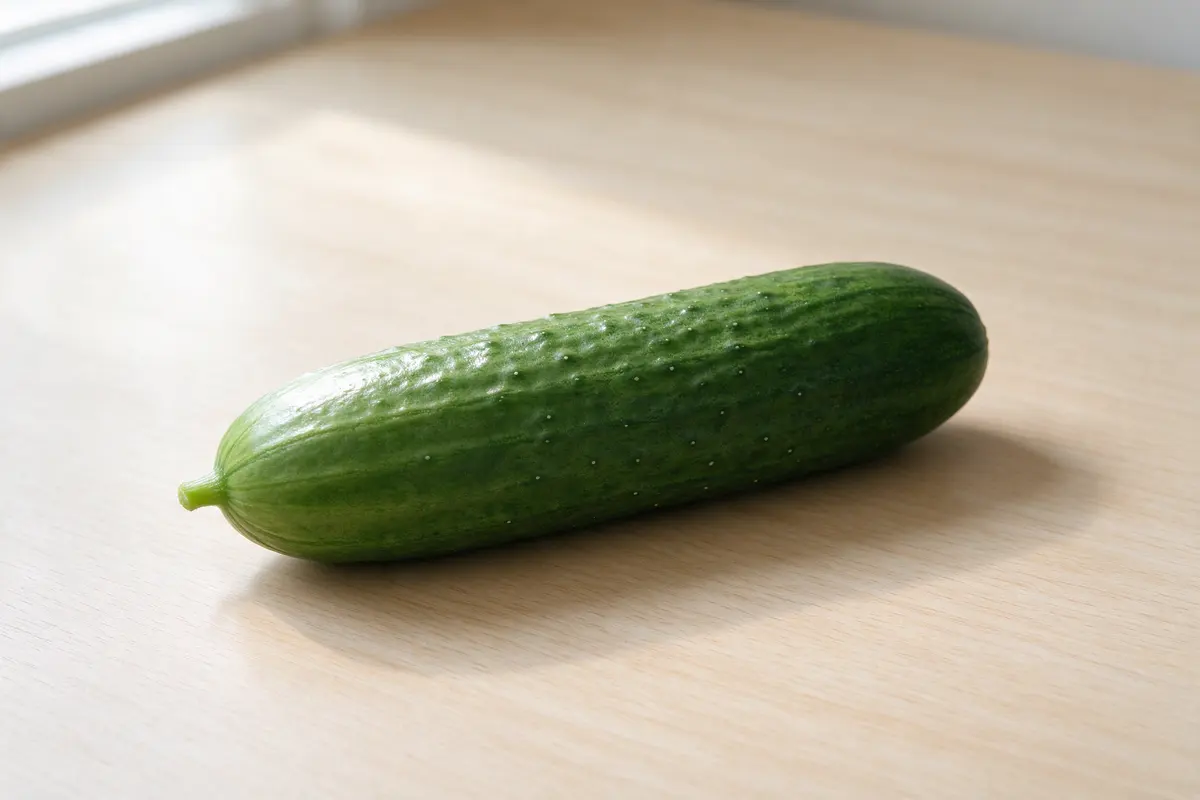 A single whole cucumber on a plain white ceramic plate, soft daylight.