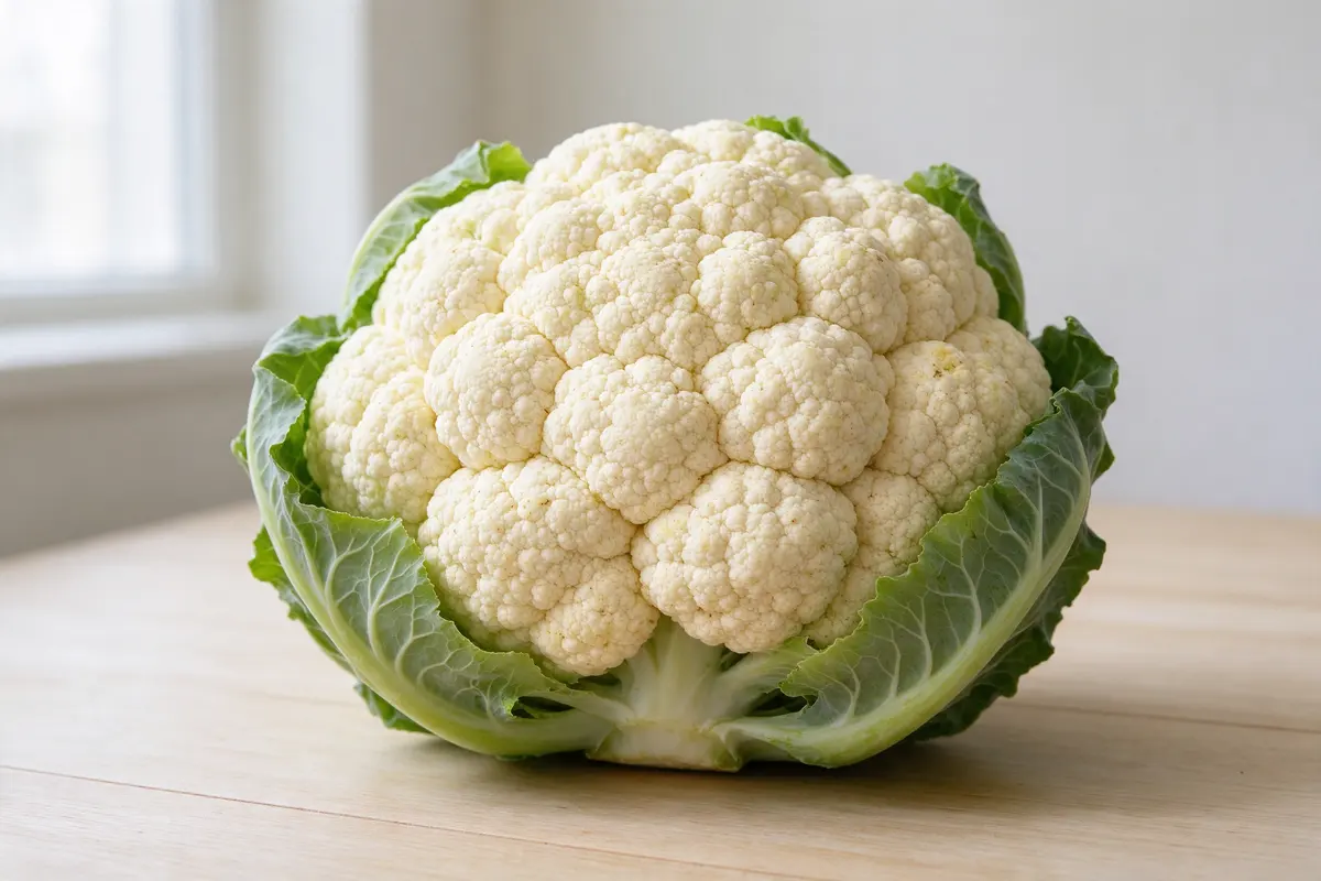 One whole head of cauliflower with the leaves trimmed, on a plain pale wooden table, soft window light.