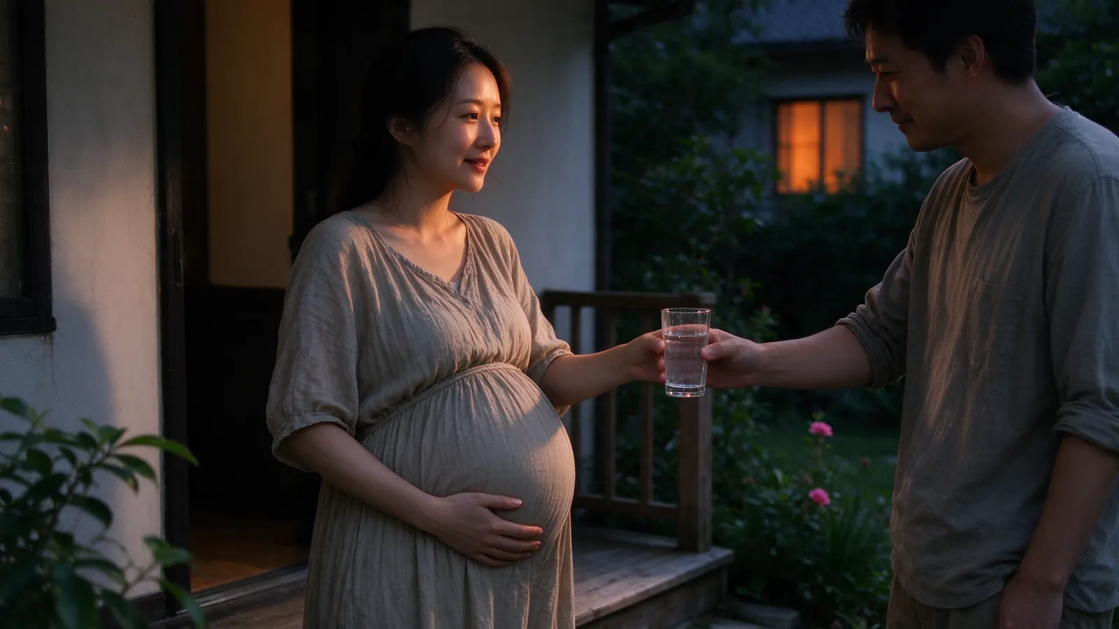 An East Asian couple in a parked car outside a hospital entrance in soft overcast light, she with a clear 27-week bump under a denim jacket, he pointing at the door sign.