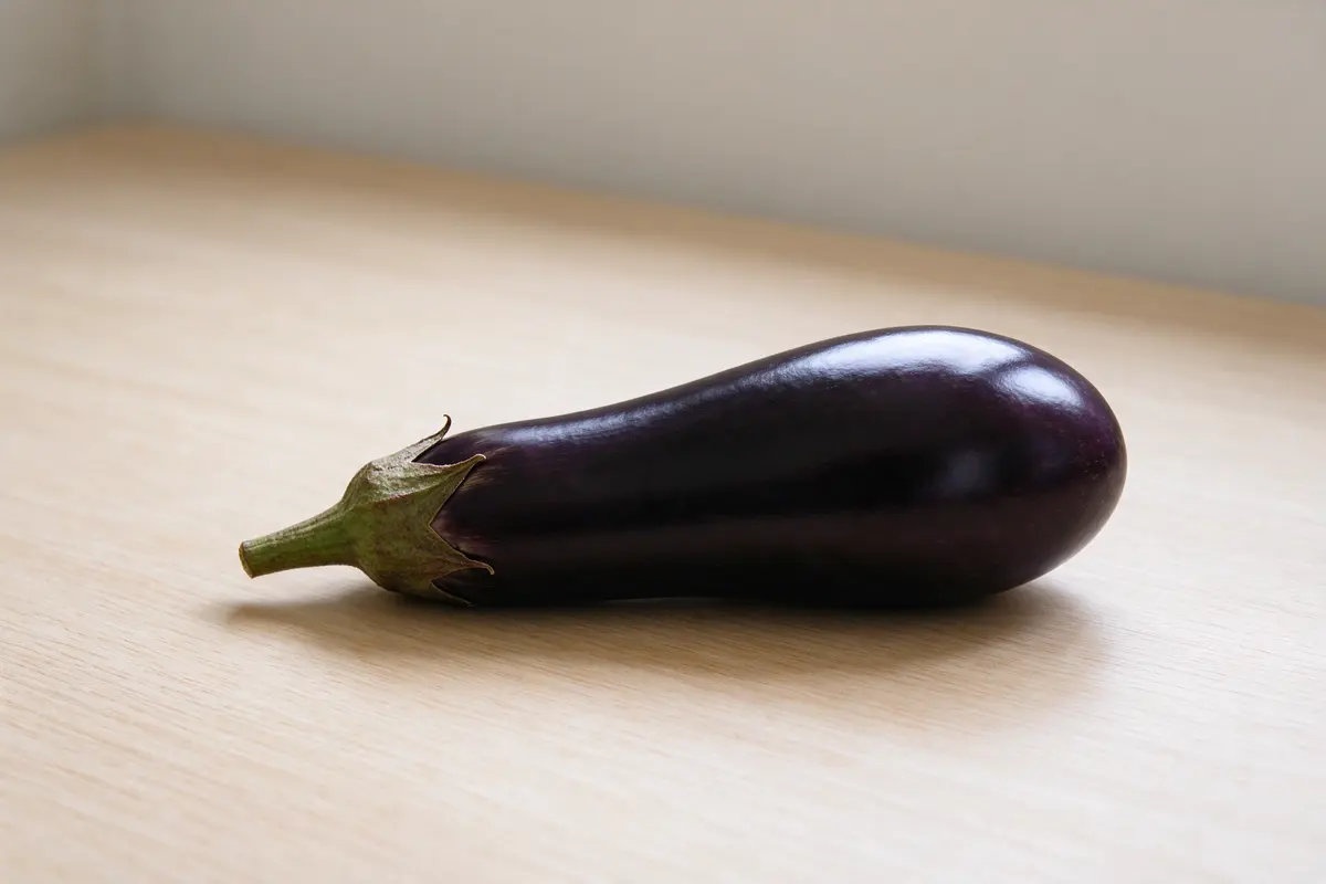 A single glossy aubergine on a plain pale wooden table, soft window light.