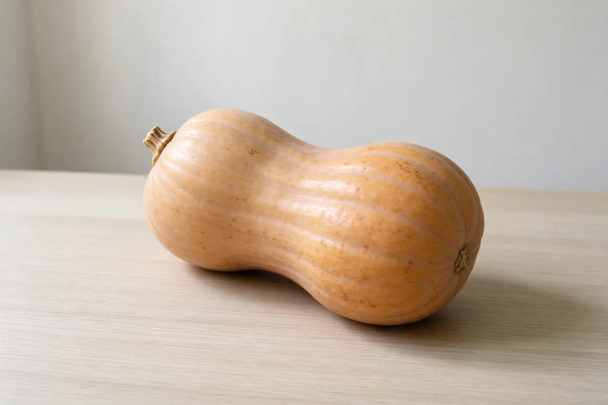A single butternut squash on a plain pale wooden table, soft window light.