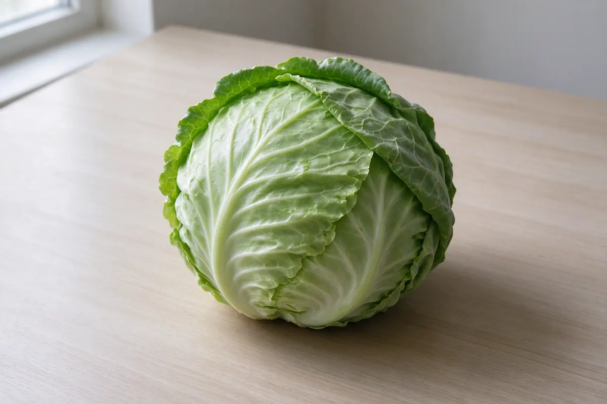 A single green cabbage on a plain pale wooden table, soft window light.