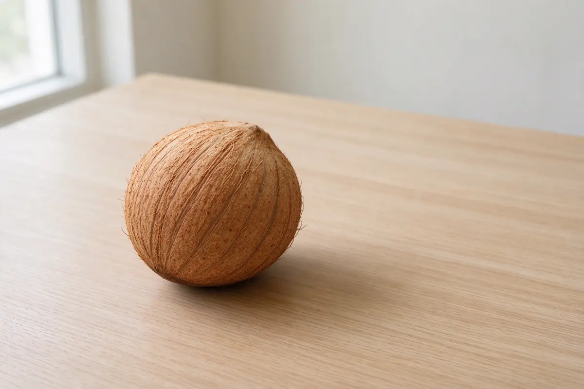 A single brown coconut on a plain pale wooden table, soft window light.
