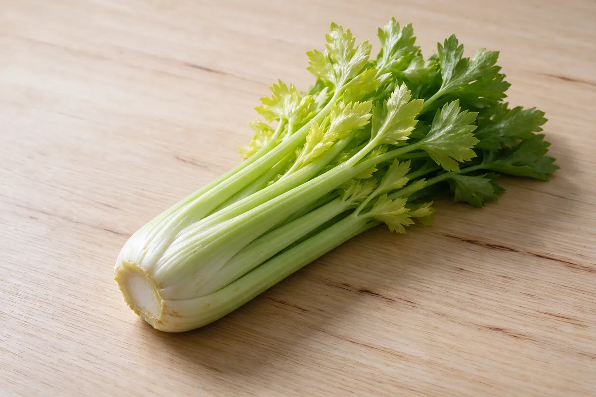 A single bunch of celery with its leaves on a plain pale wooden table, soft window light.