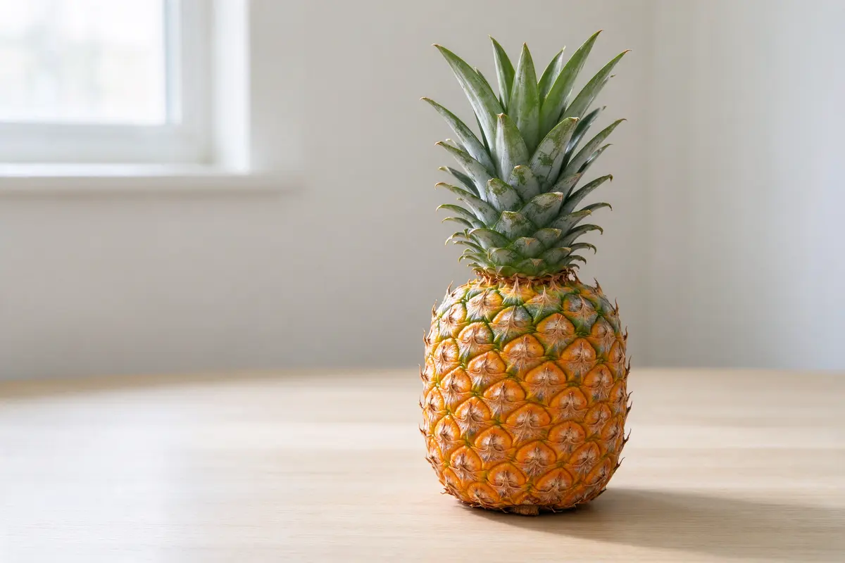 A single whole pineapple on a plain pale wooden table, soft window light.