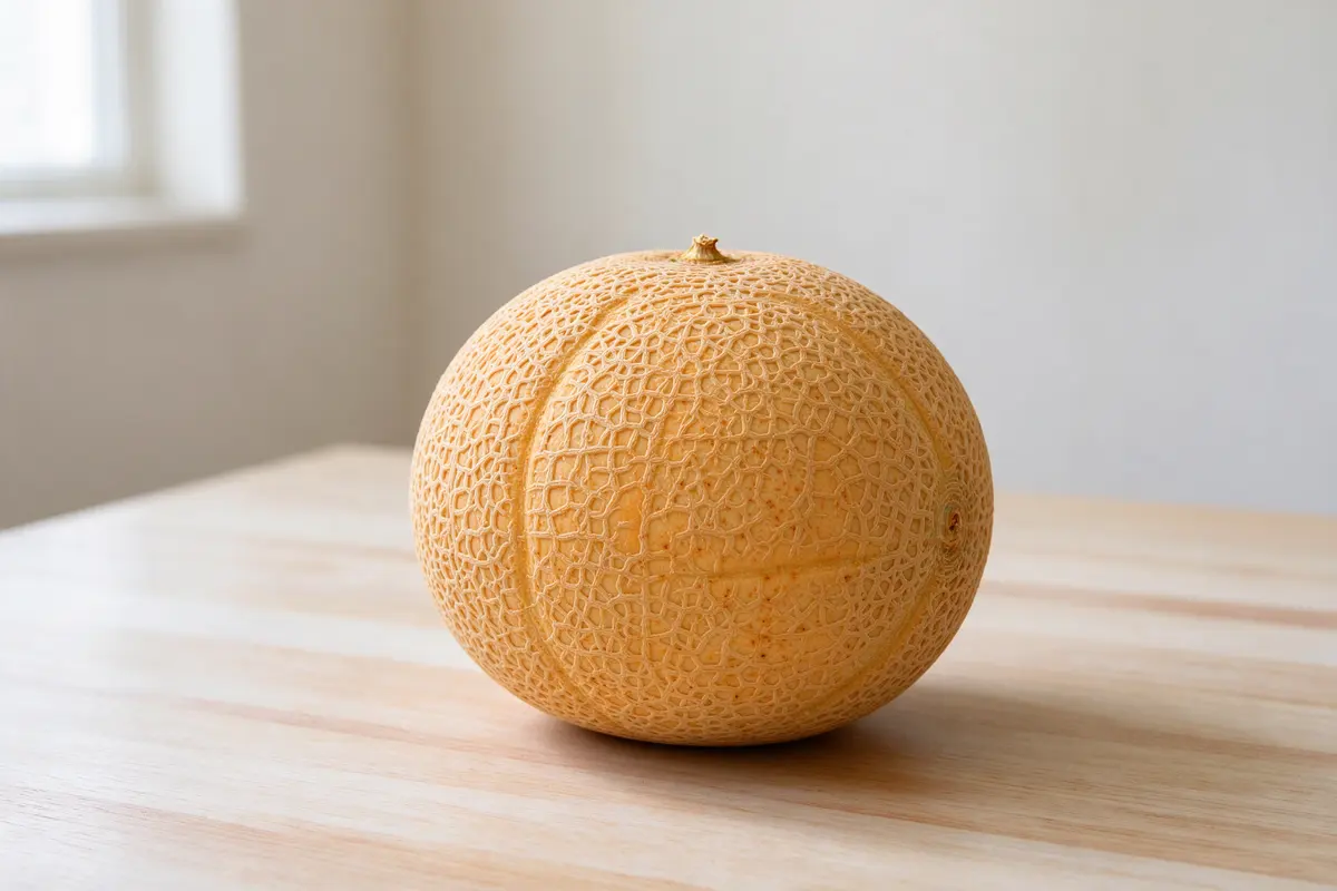 A single cantaloupe melon on a plain pale wooden table, soft window light.