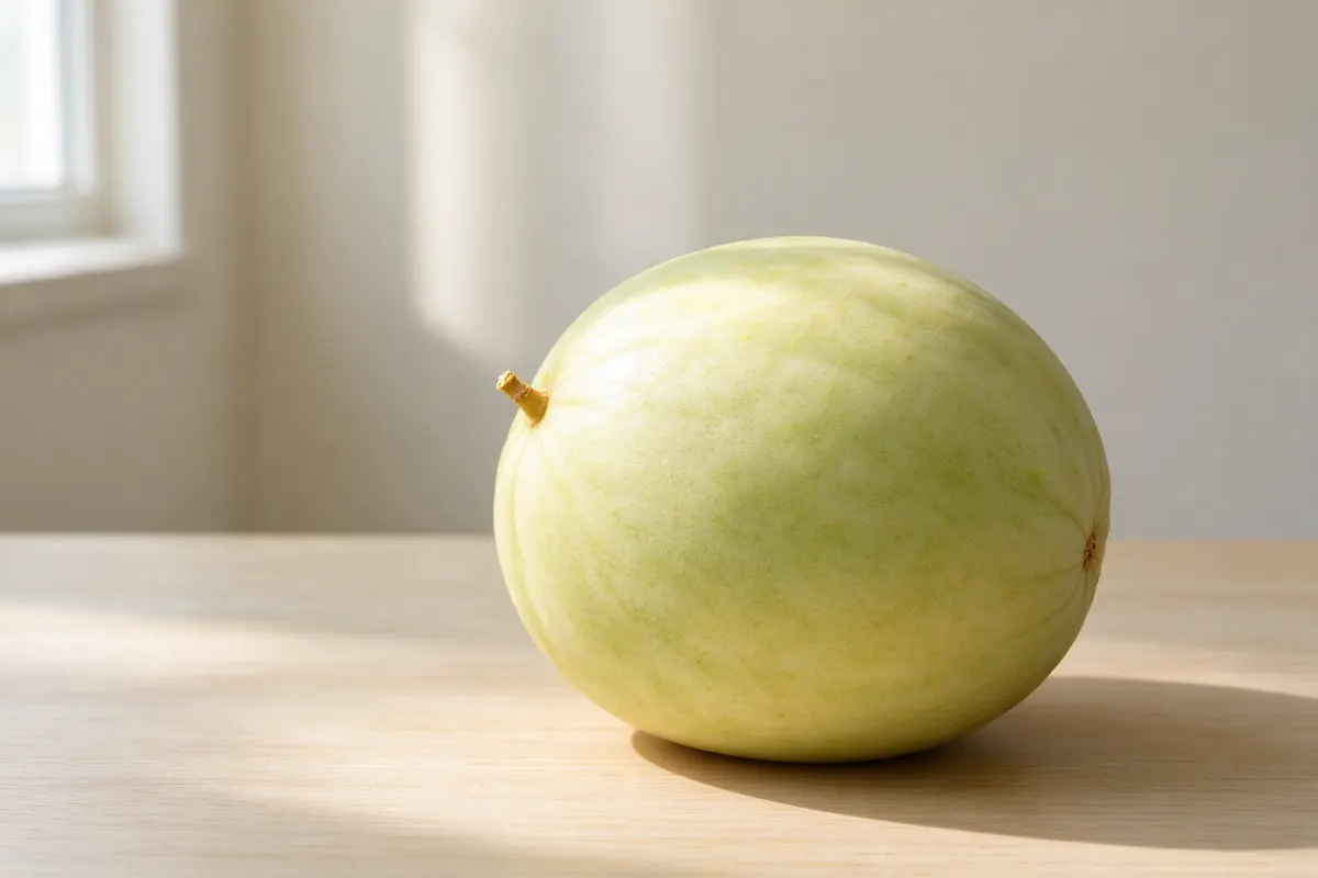 A single honeydew melon on a plain pale wooden table, soft window light.