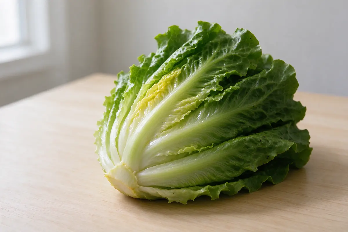 A single head of romaine lettuce on a plain pale wooden table, soft window light.