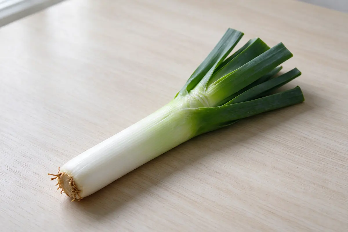 A single leek with its green top on a plain pale wooden table, soft window light.
