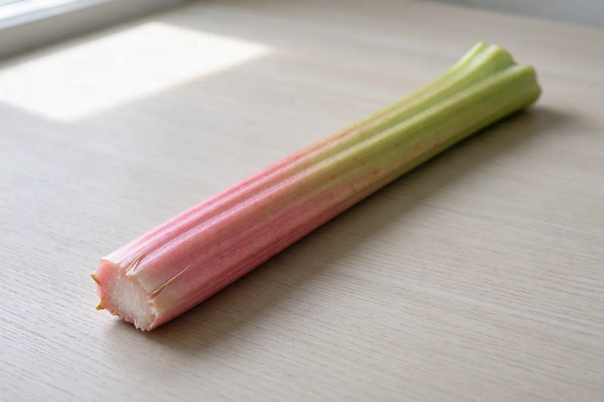 A single stick of pink rhubarb on a plain pale wooden table, soft window light.