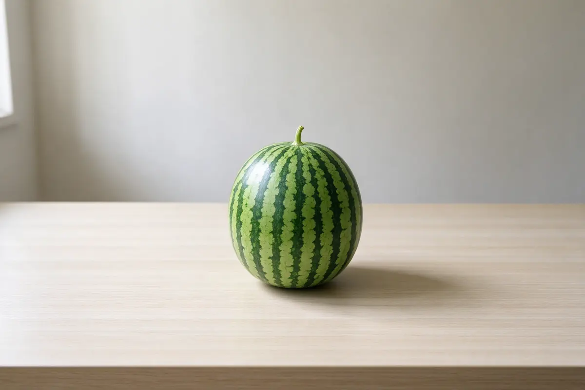 A single small watermelon on a plain pale wooden table, soft window light.