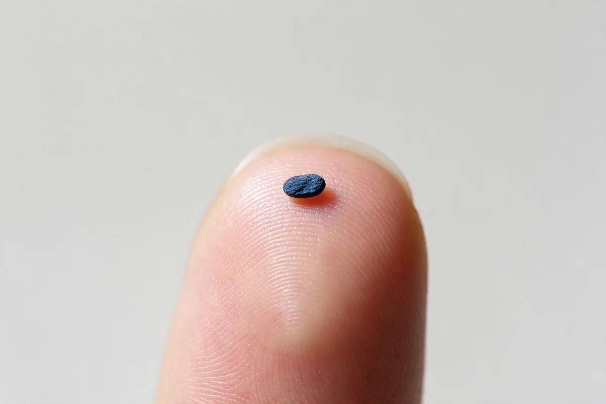 A single poppy seed on a plain white ceramic plate, photographed close up in soft window light.