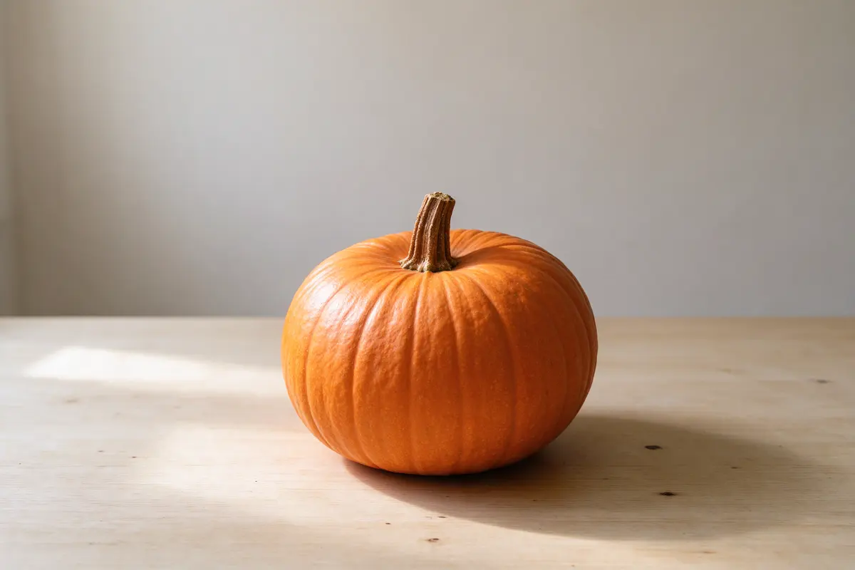 A single orange pumpkin on a plain pale wooden table, soft window light.