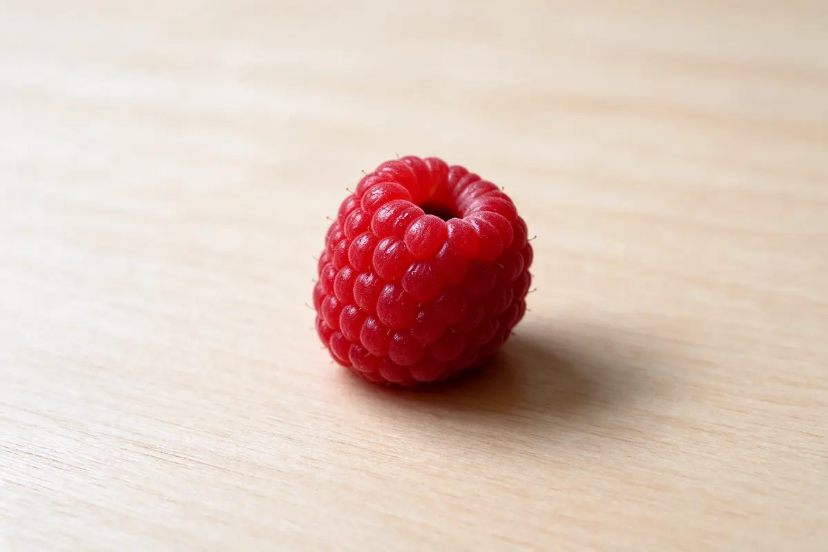 A single ripe raspberry on a plain pale wooden table, close up, soft window light.