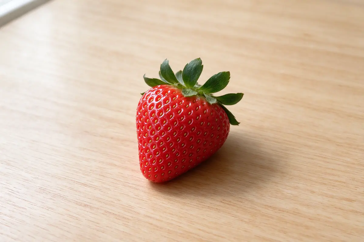 A single ripe strawberry with its green cap on a plain pale wooden table, soft window light.