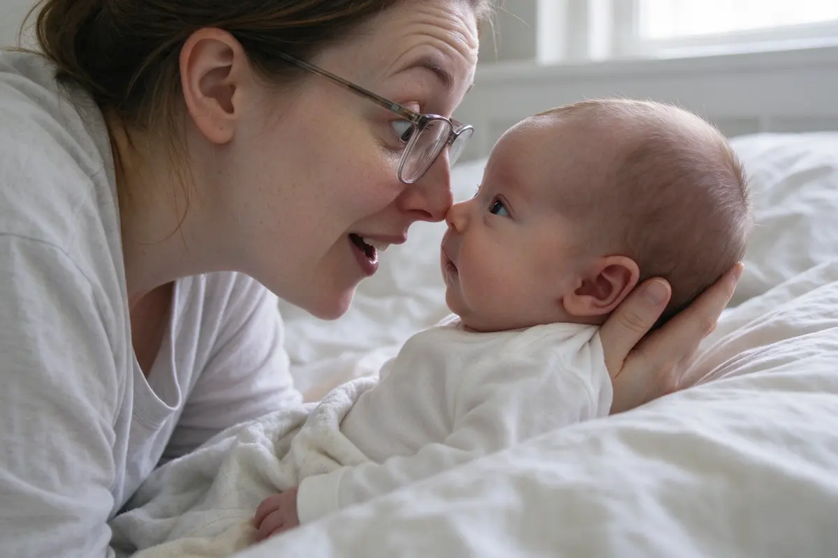 The same mother leans in nose to nose with her baby on the bed, eyebrows raised mid-hello, the baby's eyes locked on hers.