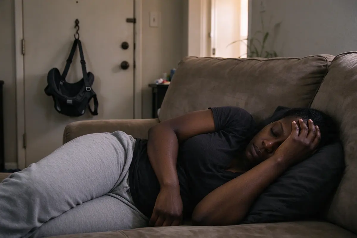 The baby's mother lies on the sofa in the quiet apartment with her eyes closed and one arm over her face, the empty carrier hung on the door.
