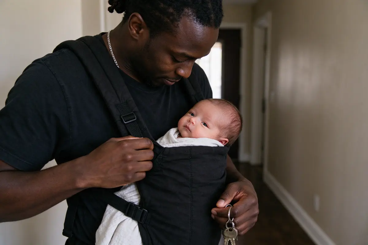 Close on the father tightening the carrier straps in a hallway, the baby's cheek against his chest and face turned out, keys in his other hand.