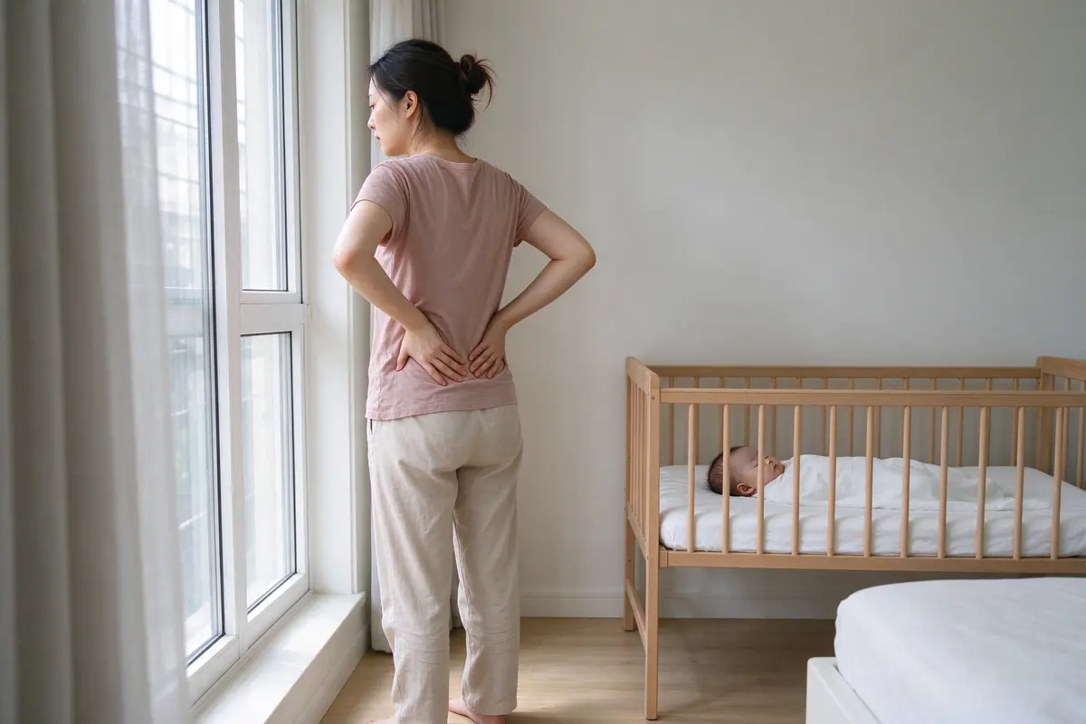 The mother stands by the window rolling her shoulders back with both hands on her lower back, the baby asleep on their back in a bare crib beside her.
