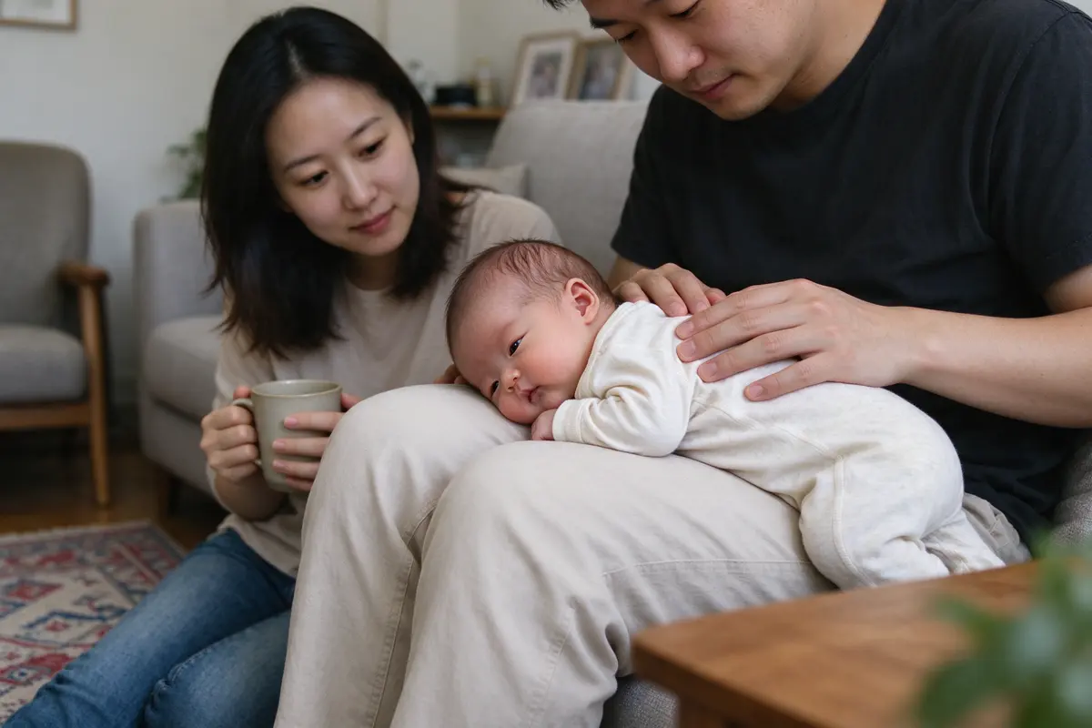 The same baby lies tummy-down across the father's thighs on the sofa while he rubs their back, the mother watching from the rug with a mug.