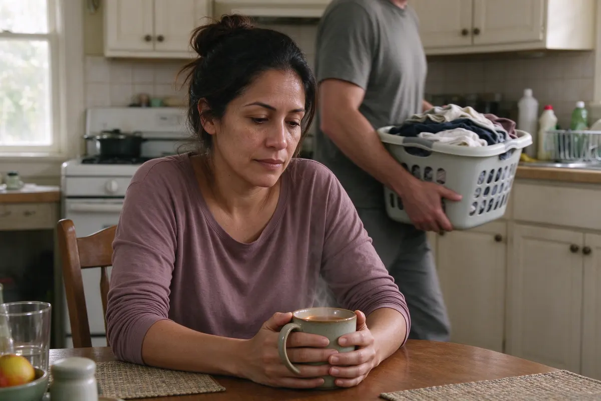 The mother sits at a kitchen table with her hands wrapped around a mug, flexing her wrists, while her partner carries a laundry basket past behind her.