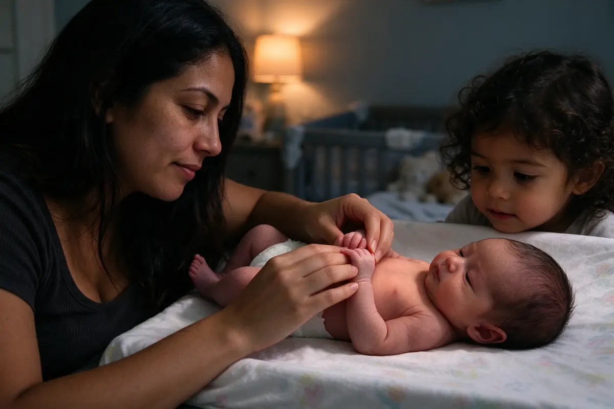 The mother brings her baby's two hands together over their chest on the changing mat while the toddler sibling leans in to watch.