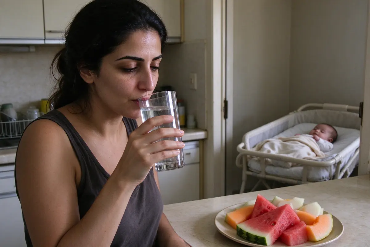 The mother drinks a tall glass of water at the kitchen counter beside a plate of cut fruit, the baby asleep on their back in a bare bassinet in the next room.