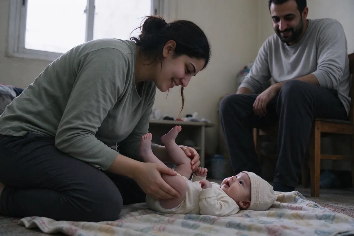 The mother kneels at a floor blanket gently pedaling her baby's legs in a slow bicycle, the baby on their back looking up at her, the father watching from a chair.