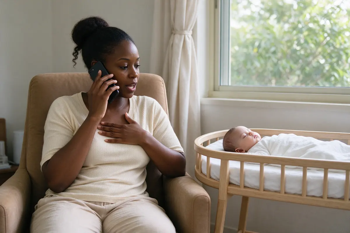 The mother on a phone call at the window, her free hand pressed to her chest mid-sentence, the baby asleep on their back in a bare bassinet beside the chair.