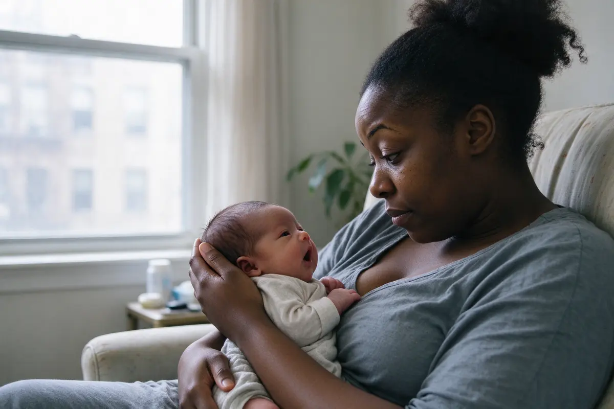 The same mother pauses with her eyebrows raised, waiting, while the baby's mouth opens in a small round shape back at her.