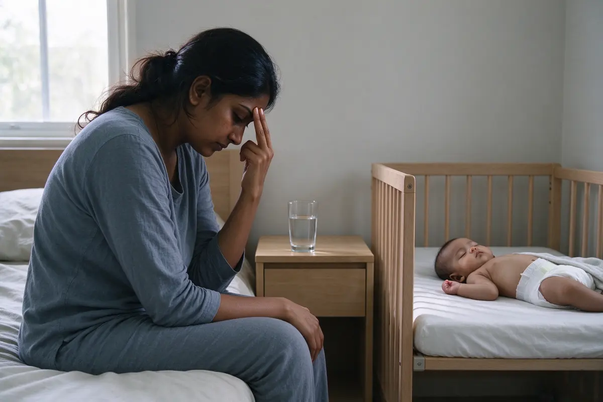 The mother sits on the edge of the bed in daylight pressing two fingers to her temple, a glass of water on the nightstand, the baby asleep on their back in a bare crib nearby.