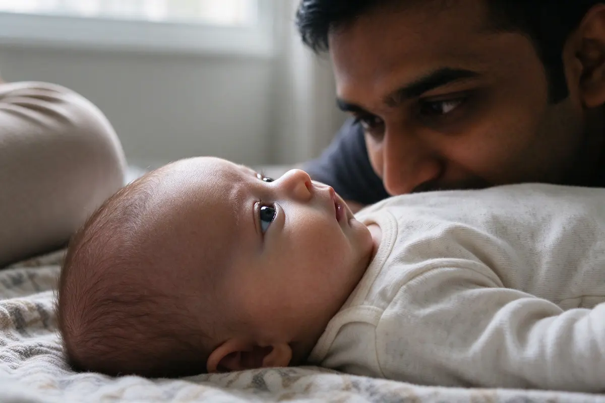 Close on the baby's eyes mid-turn, following the father's face as he moves slowly to the left, the mother's knee at the edge of the frame.