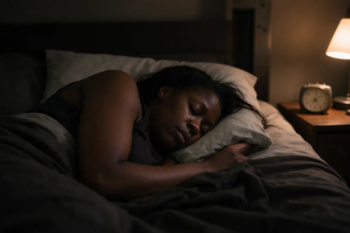 The mother asleep on her side in the bed in the dark, hair across the pillow, a bedside clock showing a little after nine.