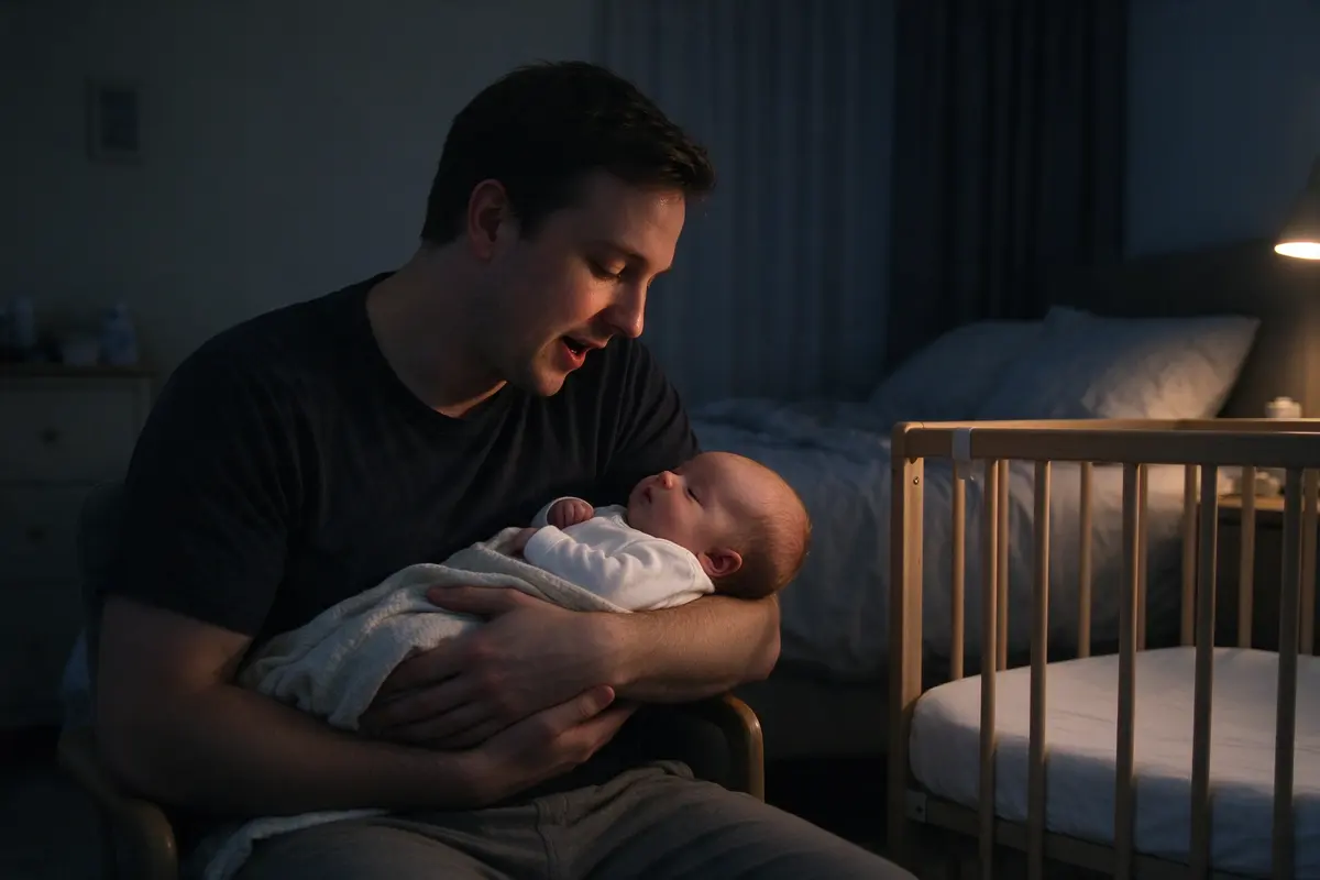 The father sits in a low chair beside the crib singing softly to the drowsy baby in his arms, the overhead light off and the lamp turned low.