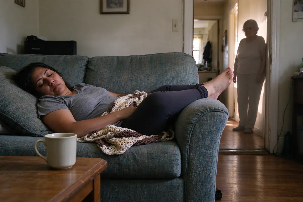 The mother lies on the couch with her feet up and eyes closed in afternoon light, an empty mug on the coffee table, the grandmother's shadow in the doorway.